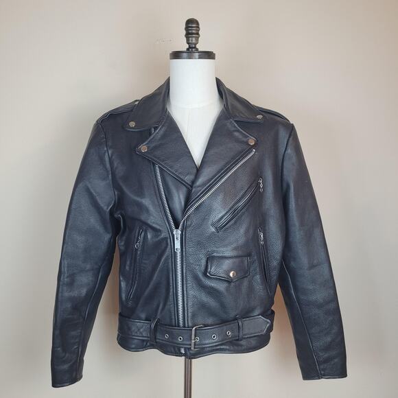 Open Road Leather Biker Jacket Mens Large Black Motorcycle Zip Belted Classic - Picture 1 of 12